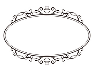 ハートマークをあしらったエレガントな楕円形の装飾フレーム　モノクロ