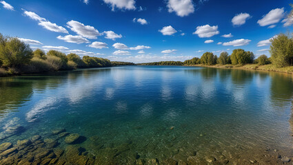 lake in autumn,
Summer landscape with the green trees and river,
Blue beautiful sky against the river. 
"Nature's Palette: Capturing Fall at the Lake"