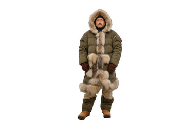 a high quality stock photograph of a single eskimo man in a pose in the center isolated on white background - obrazy, fototapety, plakaty