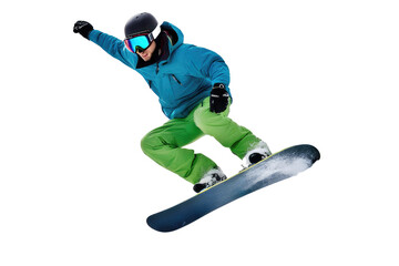 a high quality stock photograph of a single jumping snowboarder full body in a pose isolated on white background - obrazy, fototapety, plakaty