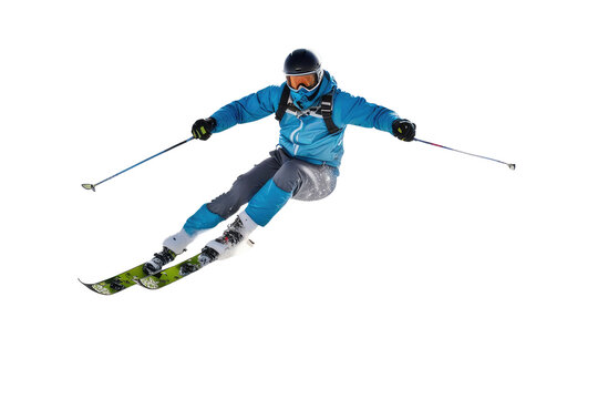 a high quality stock photograph of a single jumping skier full body in a pose isolated on white background
