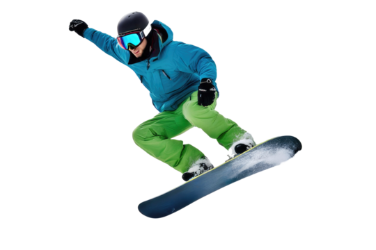 a high quality stock photograph of a single jumping snowboarder full body in a pose isolated on white background