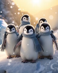 A group of penguins standing on top of a snow covered ground. Generative AI.