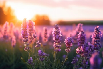 A field of lavender flowers with the sun setting in the background. Generative AI.