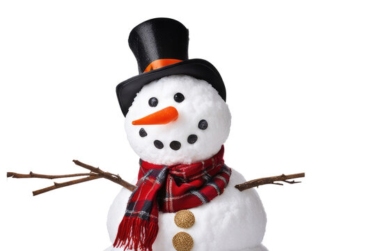 a high quality stock photograph of a single snowman full body in the center isolated on white background