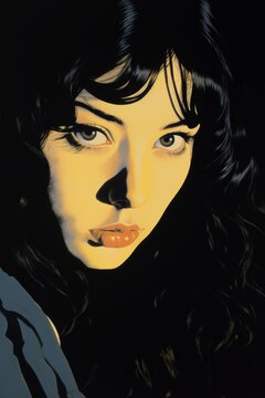 Monochromatic Retro Futurism Portrait of a Young Woman,  Illustration style, vintage 1980s, 1970s moody, dark cool vibe, edgy, noir, seductive, staring, interesting angle, off centre, sepia, 