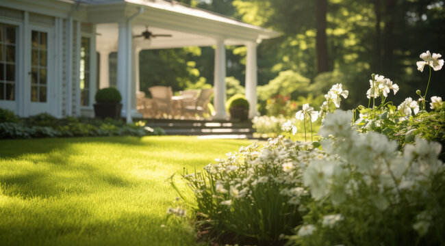 Home & Garden photo — Beautiful manicured, landscaped, exterior modern home and garden area with flowers, using short depth of field photography — flowers, grass, trees, modern house