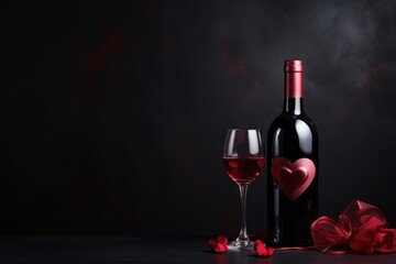 Bottle of wine and a glass of wine, beautiful flowers. Background for Valentine's Day. Weddings, Poster and banner.