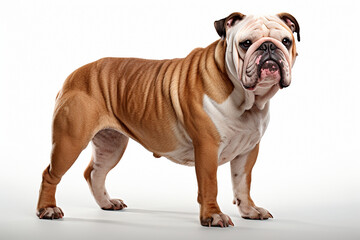 Fototapeta premium Bulldog standing on a white background. Animal right-side portrait.