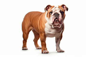 Obraz premium Bulldog standing on a white background. Animal right-side portrait.
