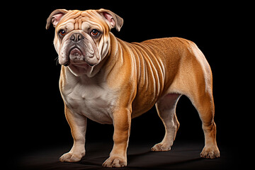Obraz premium Bulldog standing on a black background. Animal left-side portrait.