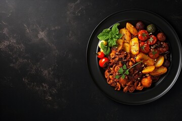 Delicious meal on a black plate, top view, COPY SPACE, generative ai