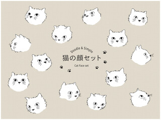 猫の顔のイラストセット-手描きの線画