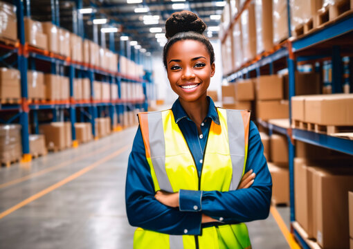 Portrait of happy young african american woman working in warehouse. This is a freight transportation and distribution warehouse. Industrial and industrial workers concept.