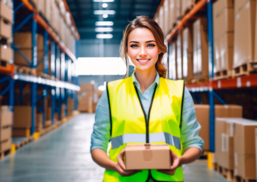 Portrait of smiling woman warehouse worker holding box in warehouse. This is a freight transportation and distribution warehouse. Industrial and industrial workers concept