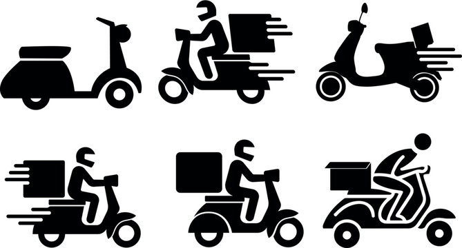 Motorcycle scooter delivery icons, black vector illustration design on white background