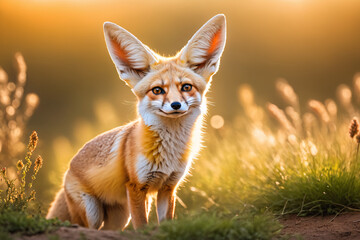 Red fox, vulpes vulpes, cub looking to the camera on sunny meadow in summer. Young mammal standing on field in sunlight. Little animal watching on flowered glade.