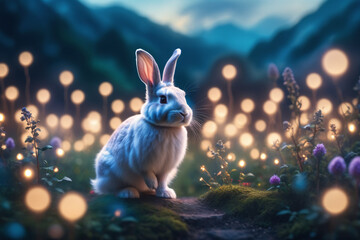 majestic rabbit, magical rabbit in natural bokeh background