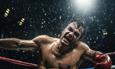 Fototapeta na wymiar A man in a boxing ring with his mouth open. Generative AI.