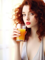 A woman holding a glass of orange juice. Generative AI.