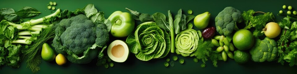 A row of green vegetables on a green background. Generative AI.