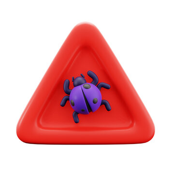 bug on triangle caution sign for computer system virus warning, cyber security 3d icon illustration render design