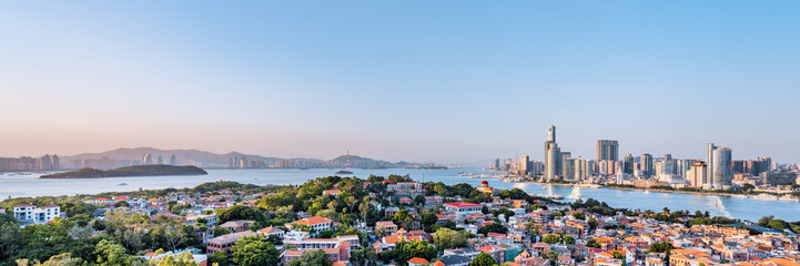 Panoramic Scenery of Gulangyu Island and Urban Coastline in Xiamen, Fujian, China
