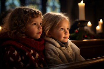 two girls are sitting in church on Christmas Eve. 