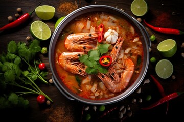 Tom yum with shrimp and crab with lime, chili, tomato, garlic, lemongrass and lime leaves, COPY SPACE, generative ai