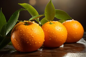 A close-up shot of a ripe, juicy tangerine, freshly picked and placed on a rustic wooden table, with soft sunlight illuminating its vibrant orange color and highlighting its textured skin
