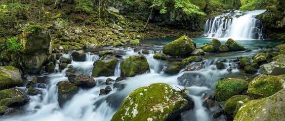 静寂に包まれた蓼科大滝のパノラマ情景