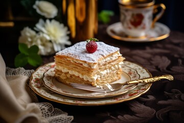 A beautifully layered Napoleon cake, a Russian delicacy, dusted with powdered sugar, served on an elegant porcelain plate with a silver fork, ready to be enjoyed