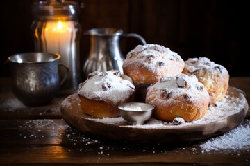 A traditional Norwegian bakery's freshly baked Skillingsboller, dusted with powdered sugar, served on a rustic wooden table with a cup of hot coffee, in the early morning light