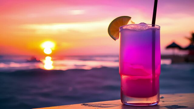 The sunset casts a pink and purple glow on the beach, and in the foreground, a bright yellow tail stands out against the colorful backdrop. The perfect drink for a tropical evening.