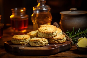 A close-up shot of freshly baked, golden brown biscuits stacked on a rustic wooden table, with a soft pat of butter melting on top, and a warm cup of tea on the side