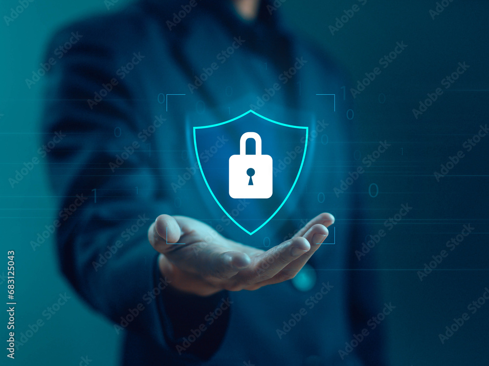 Poster lock mark cybersecurity internet, password security, and privacy on an online system. concept of inf