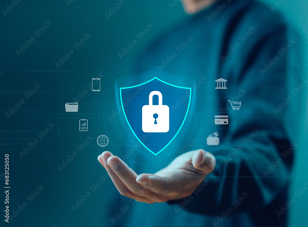 Poster lock mark cybersecurity internet, password security, and privacy on an online system. concept of inf