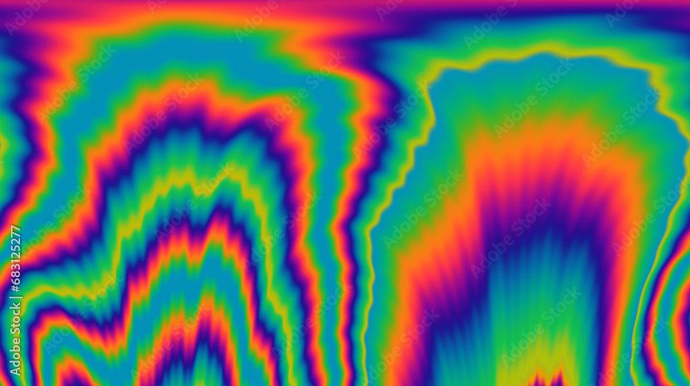 Poster vibrant and trippy backdrop adorned with neon-hued glitched patterns, enhanced by a captivating pola