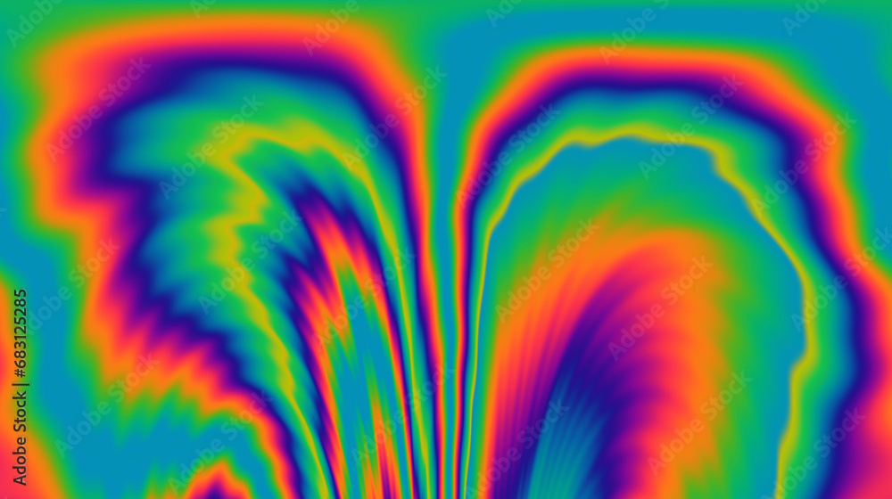 Poster vibrant and trippy backdrop adorned with neon-hued glitched patterns, enhanced by a captivating pola
