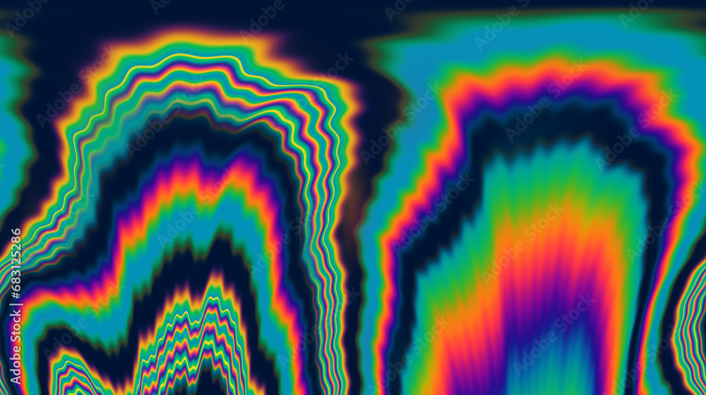 Poster vibrant and trippy backdrop adorned with neon-hued glitched patterns, enhanced by a captivating pola