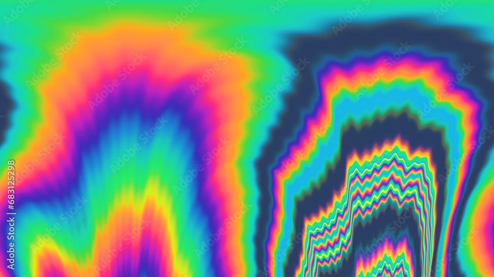 Poster vibrant and trippy backdrop adorned with neon-hued glitched patterns, enhanced by a captivating pola
