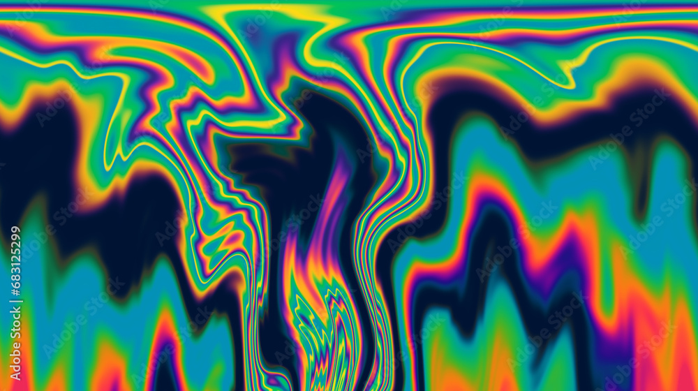 Poster vibrant and trippy backdrop adorned with neon-hued glitched patterns, enhanced by a captivating pola
