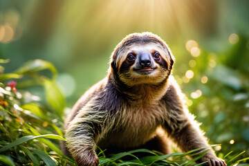 Fototapeta premium Neotropical group of xenarthran mammals constituting the suborder Folivora, including the extant arboreal tree sloths and extinct terres, Tree Sloth reaches out for a branch
