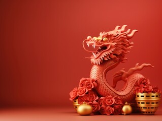Happy Chinese New Year, the year of the Wood Dragon Chinese zodiac, wooden dragon statue, Lunar New Year mockup