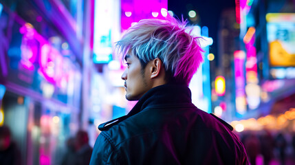 夜のネオン街の金髪男性の横顔