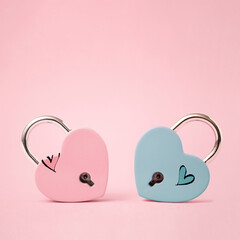 Minimal concept of Two Heart shaped padlock on pastel background. Valentine's Day card design. 14 february holiday symbol, romantic, love Concept. copy space