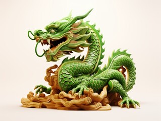 Fototapeta premium Happy Chinese New Year, the year of the Wood Dragon Chinese zodiac, wooden dragon statue, Lunar New Year mockup