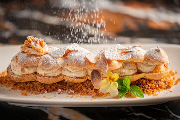 Deliciously crunchy Paris-Brest Eclair filled with almond praline buttercream - obrazy, fototapety, plakaty