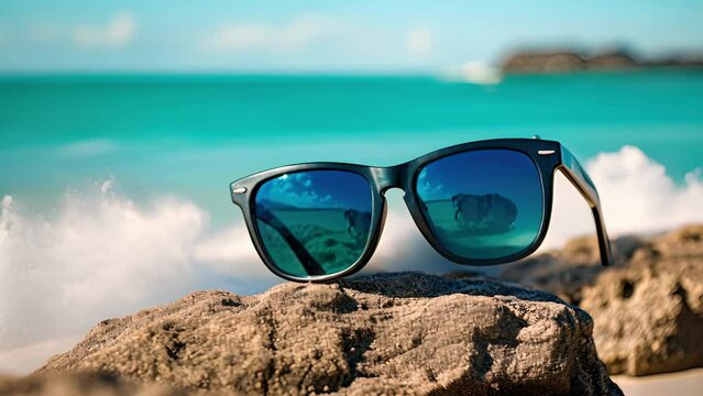 Closeup of a pair of classic wayfarer sunglasses, with black frames and polarized lenses that highlight the vivid turquoise of the ocean, making it seem like a painting brought to life.