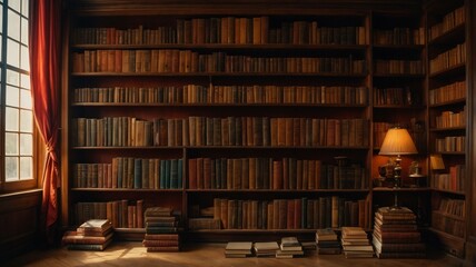 A room filled with lots of books next to a window - obrazy, fototapety, plakaty